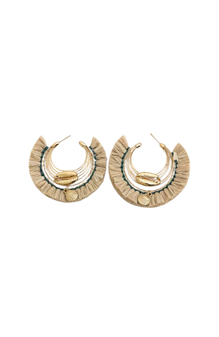 Seashell Glow Golden Raffia Hoop Earrings