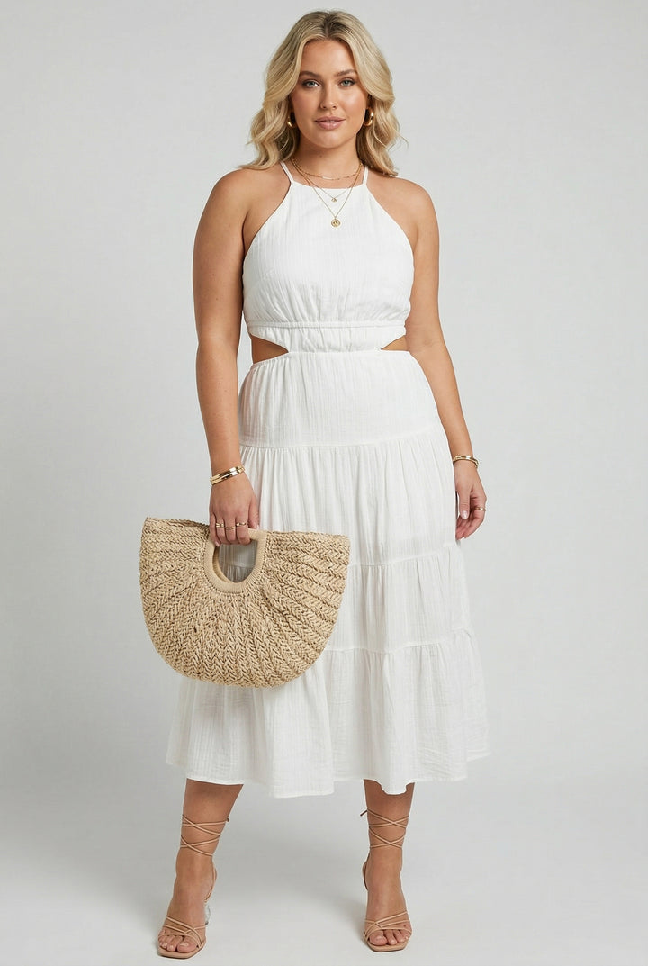 Lunch Date White Cotton Tiered Midi Dress