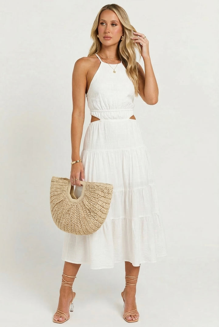 Lunch Date White Cotton Tiered Midi Dress