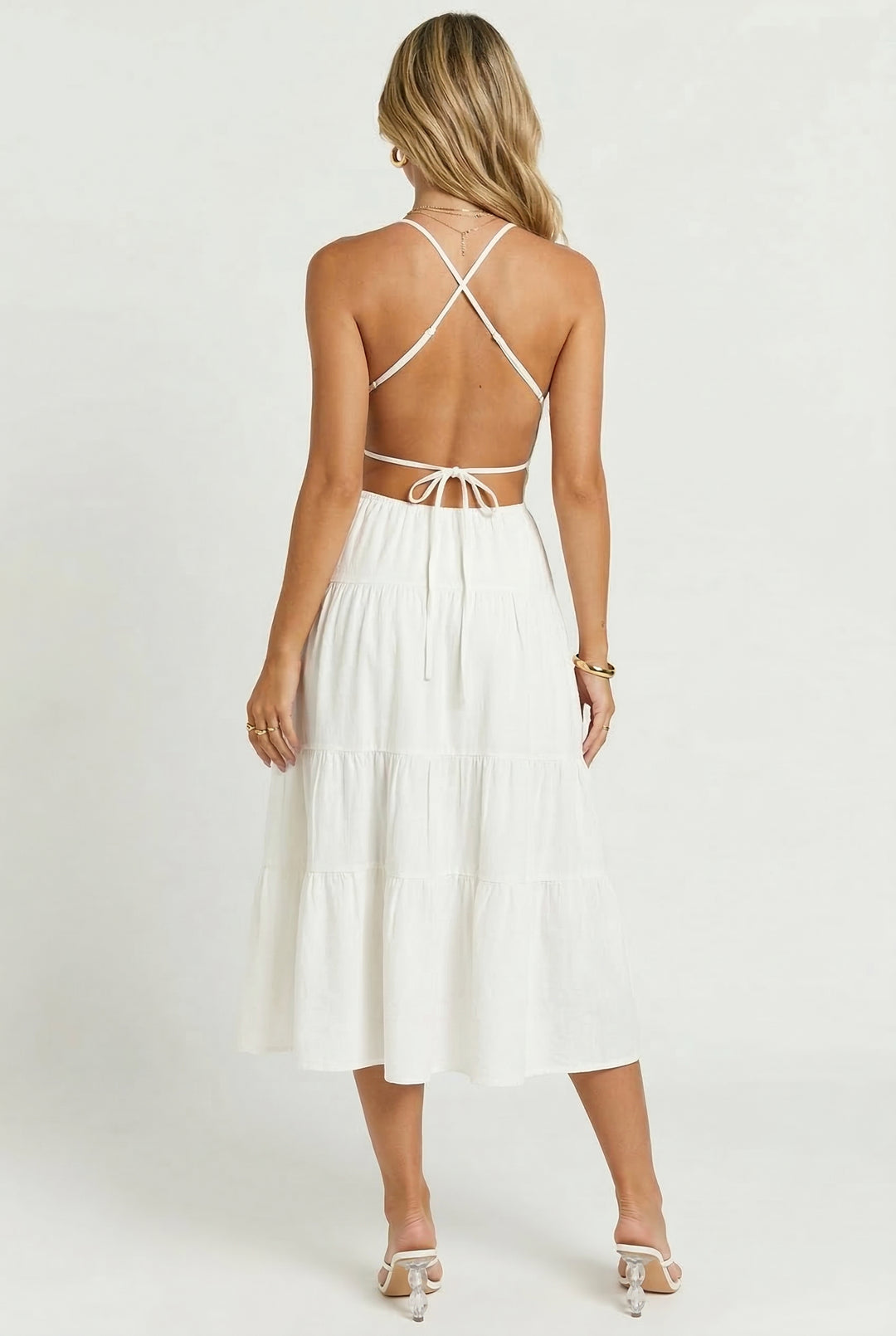 Lunch Date White Cotton Tiered Midi Dress