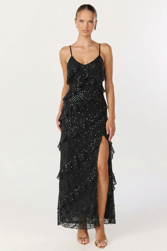 sequin tiered dress Celestelle Sequin Tiered Maxi Dress Black / S