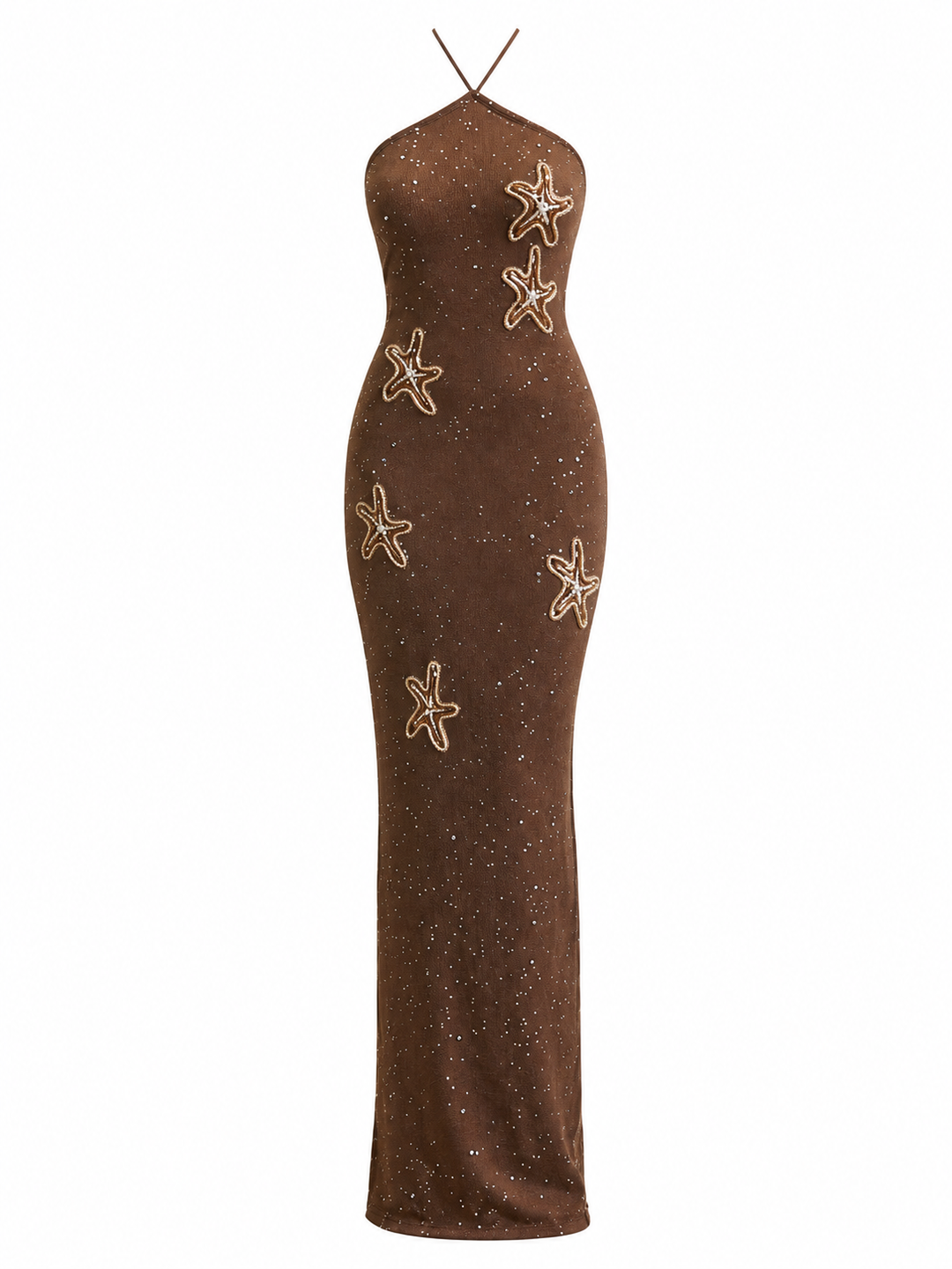 A brown halter-neck maxi dress with a subtle glitter texture and embroidered starfish motifs, shown against a plain white background.
