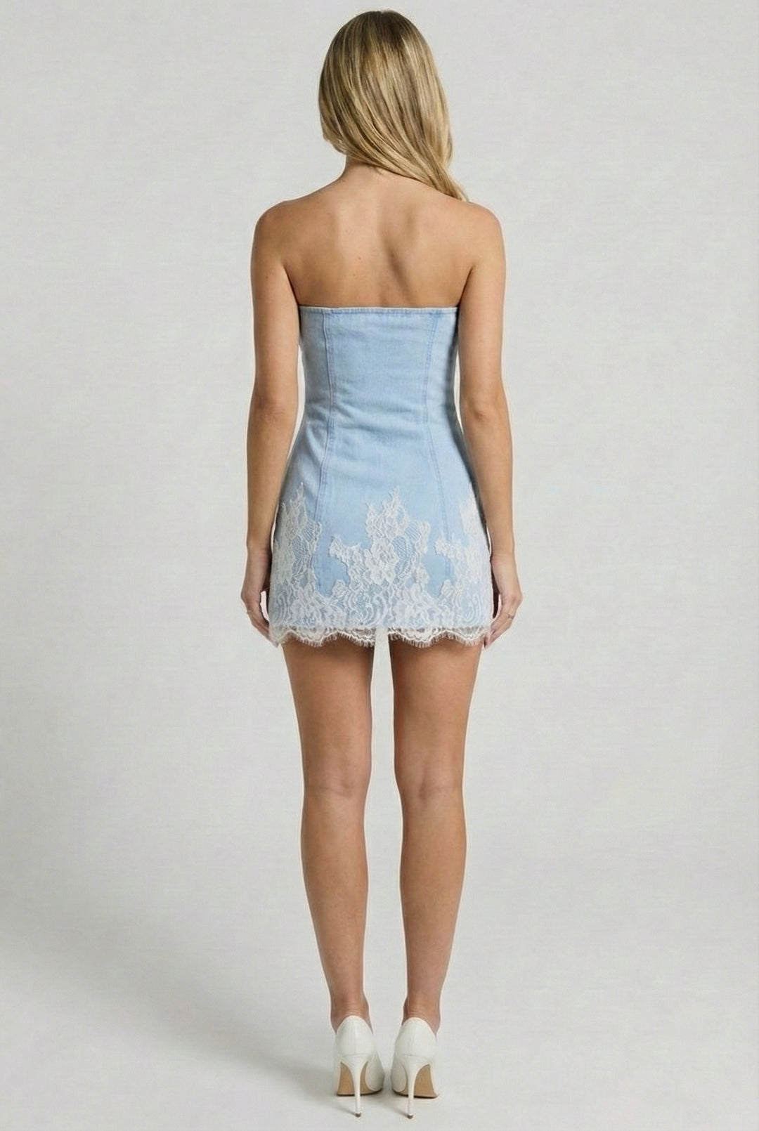 Tube Top Denim Dress With Lace Trim