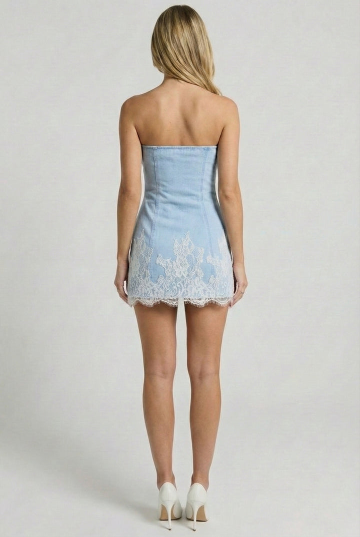 Tube Top Denim Dress With Lace Trim