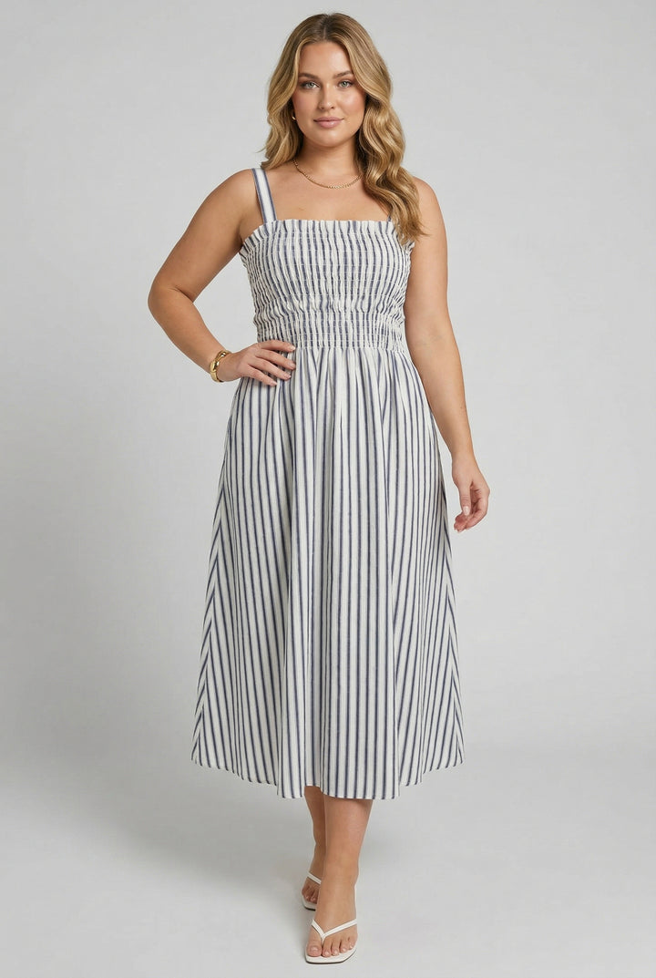 Port Café Striped Linen Midi Dress