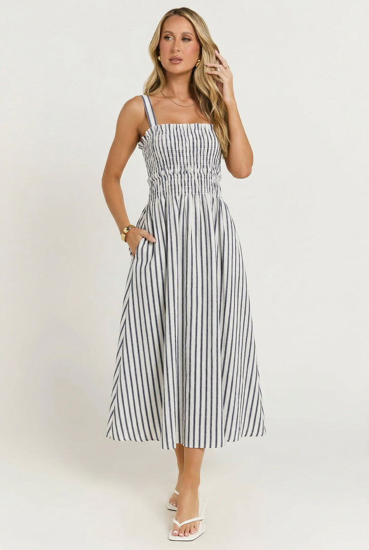 Port Café Striped Linen Midi Dress