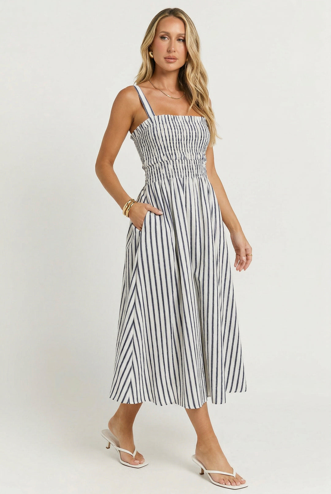 Port Café Striped Linen Midi Dress