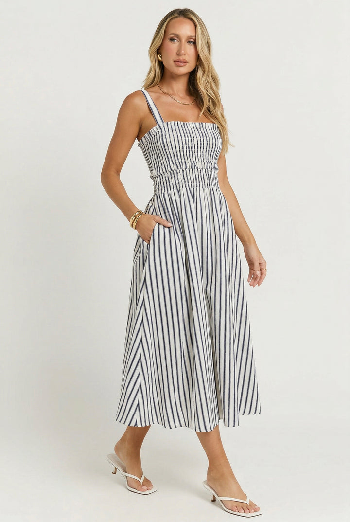 Port Café Striped Linen Midi Dress