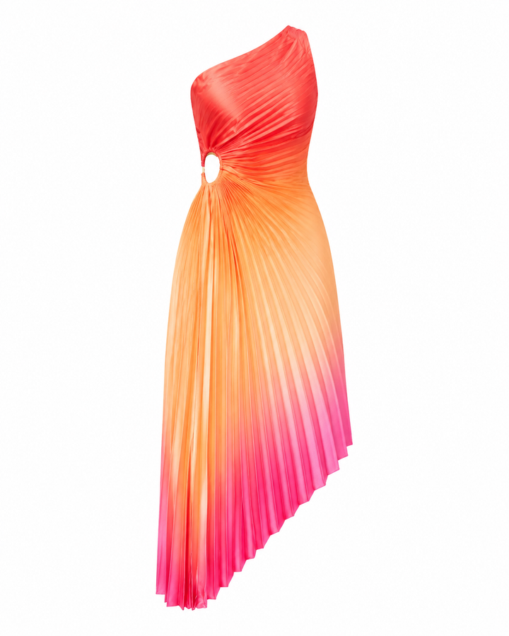 A one-shoulder pleated dress with a vibrant orange and pink gradient, featuring a side cutout detail, shown against a plain white background.