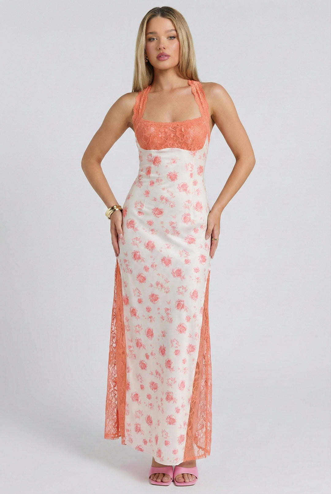 Peach Bellini Halter Maxi Dress