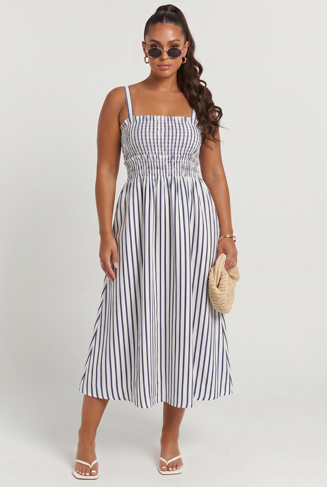 Port Café Striped Linen Midi Dress