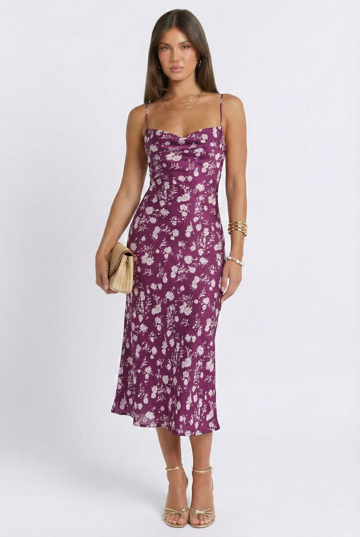 Purple Floral Satin Midi Dress