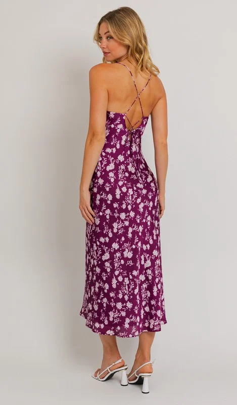 Purple Floral Satin Midi Dress