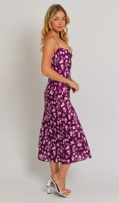 Purple Floral Satin Midi Dress