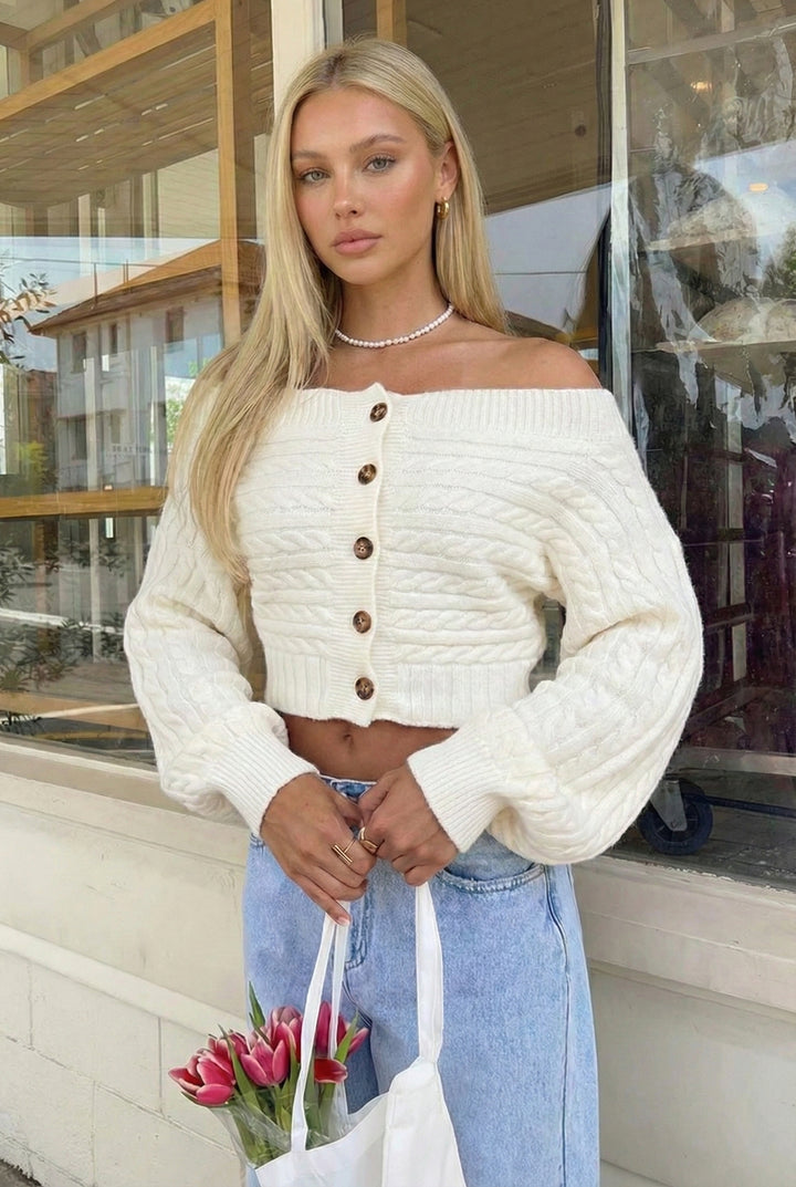 Sutton Off-Shoulder Cable Knit Cardigan