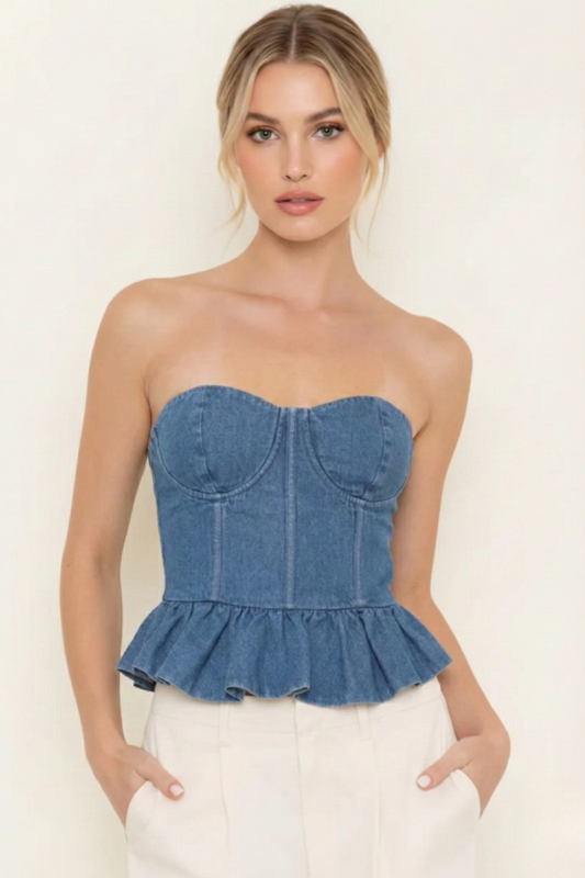 Washed Ashore Peplum Corset Denim Top