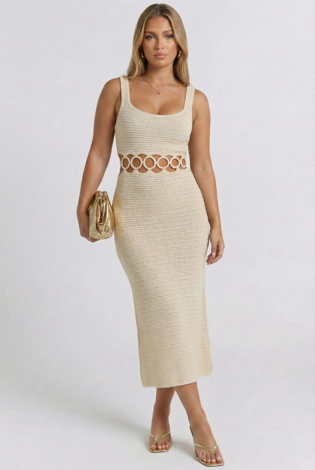 Cristina Square Neck Sleeveless Crochet Midi Dress - Cream M / Cream Cristina Square Neck Sleeveless Crochet Midi Dress - Cream M / Cream