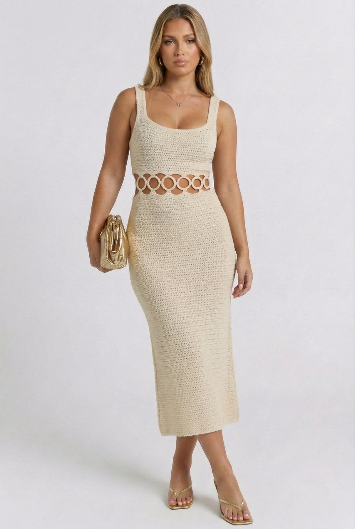 Fashion Attitude Square Neck Sleeveless Crochet Midi Dress S / Cream Fashion Attitude Square Neck Sleeveless Crochet Midi Dress S / Cream