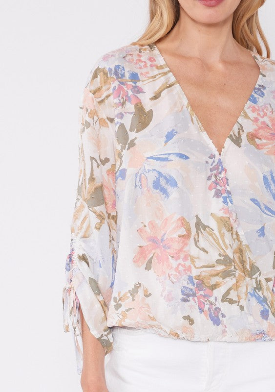 Julie Floral Ruched Sleeve Surplice Blouse Top