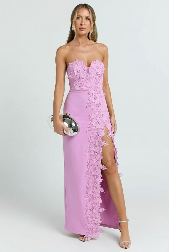 Éloise Floral Appliqué Column Maxi Dress Pink / M