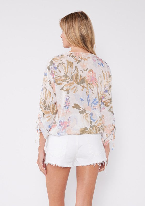 Julie Floral Ruched Sleeve Surplice Blouse Top