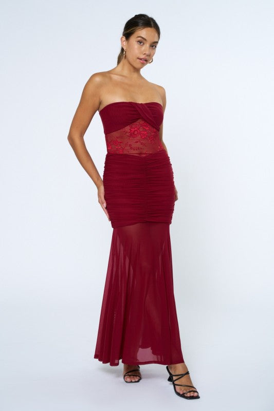 Slay Bells Mesh Cut Out Lace Maxi Dress