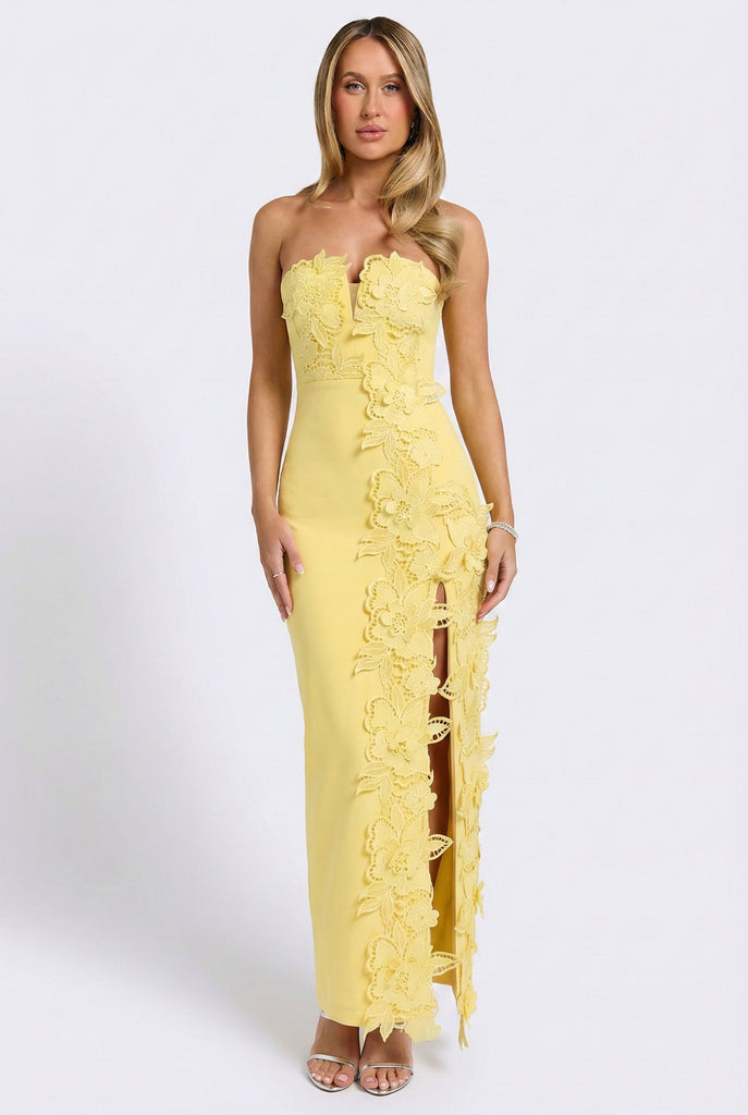 Éloise Floral Appliqué Column Maxi Dress Yellow / L