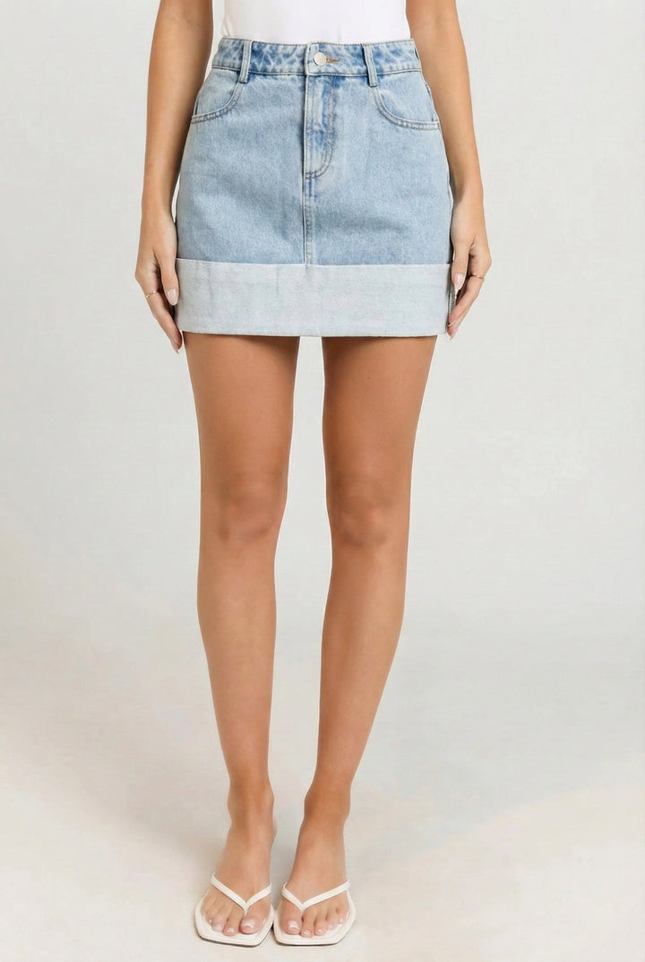 High Waisted Cuffed Denim Mini Skirt