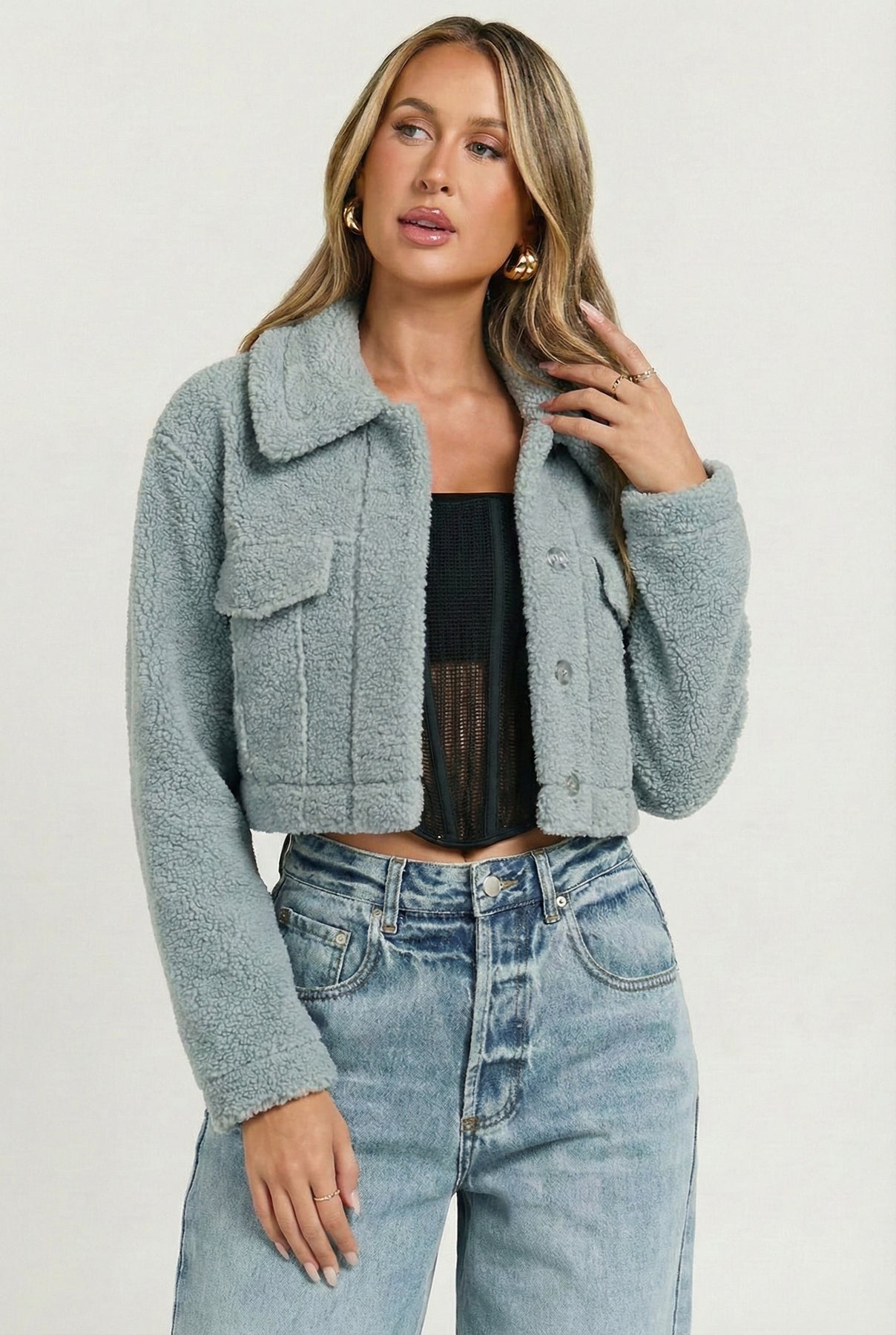 Leavenworth Sherpa Cropped Jacket - Dusty Blue | casual outfit