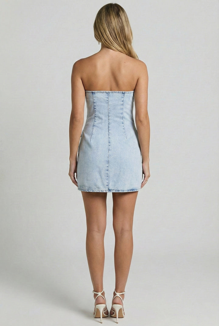Buttoned Up Strapless Denim Mini Dress