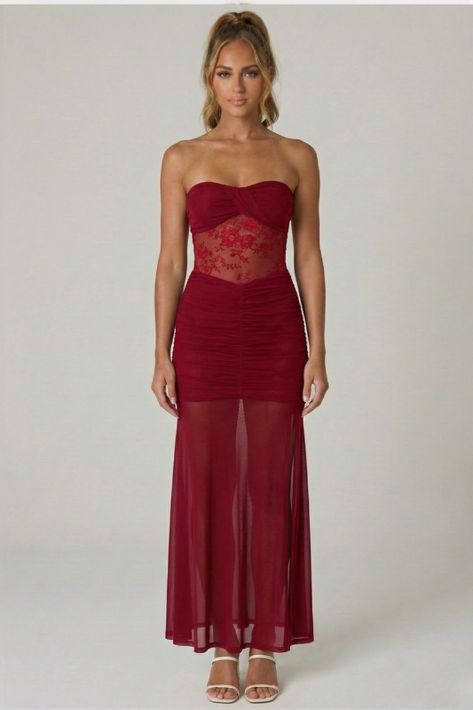 Slay Bells Mesh Cut Out Lace Maxi Dress