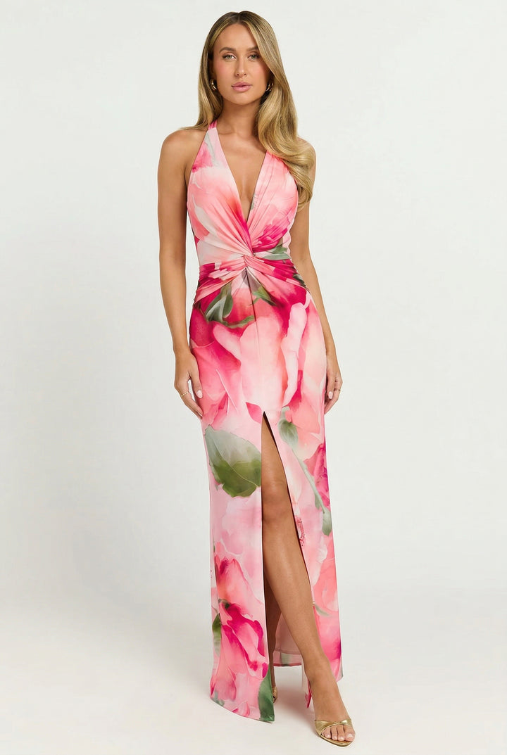 Petaline Floral Deep Plunge Halter Maxi Dress
