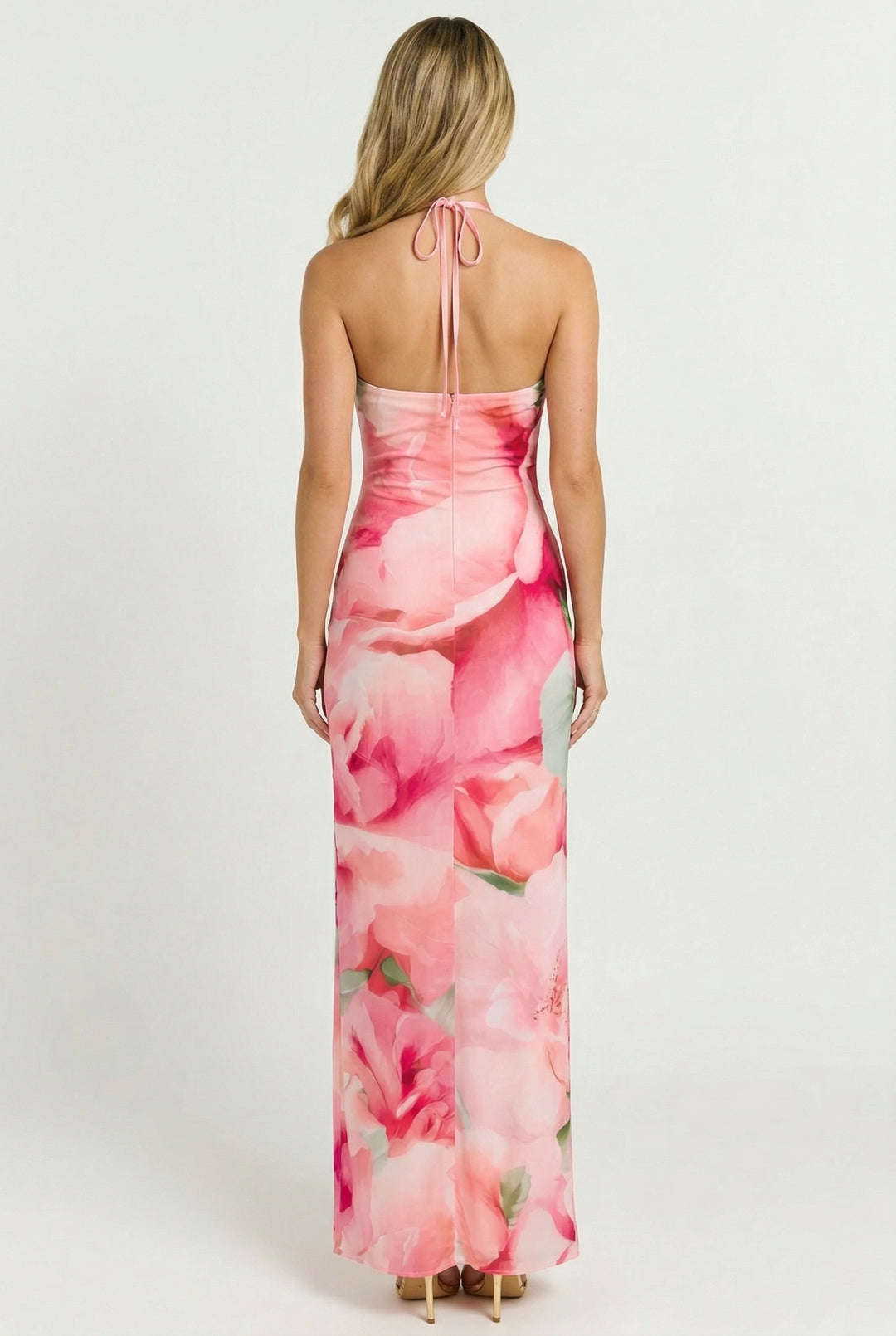 Petaline Floral Deep Plunge Halter Maxi Dress