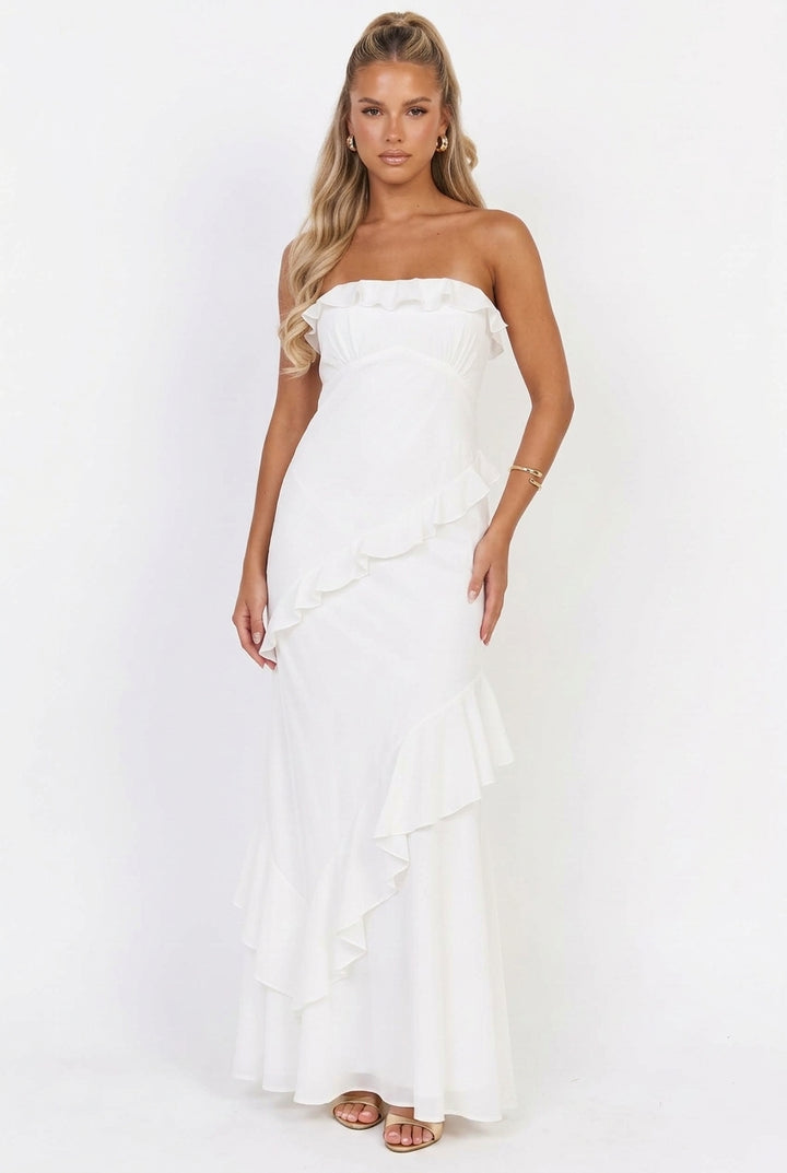 Say It Back Strapless Ruffle Maxi Dress