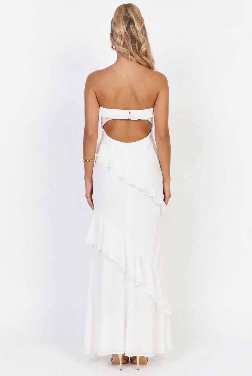 Say It Back Strapless Ruffle Maxi Dress