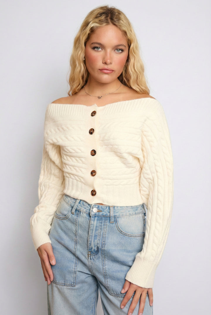 Sutton Off-Shoulder Cable Knit Cardigan