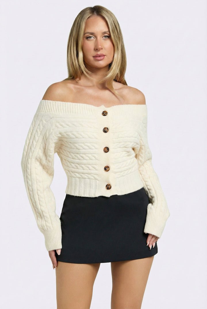 Sutton Off-Shoulder Cable Knit Cardigan