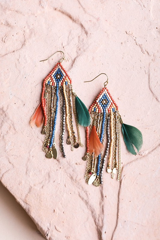 Beads & Feather Boho Earrings