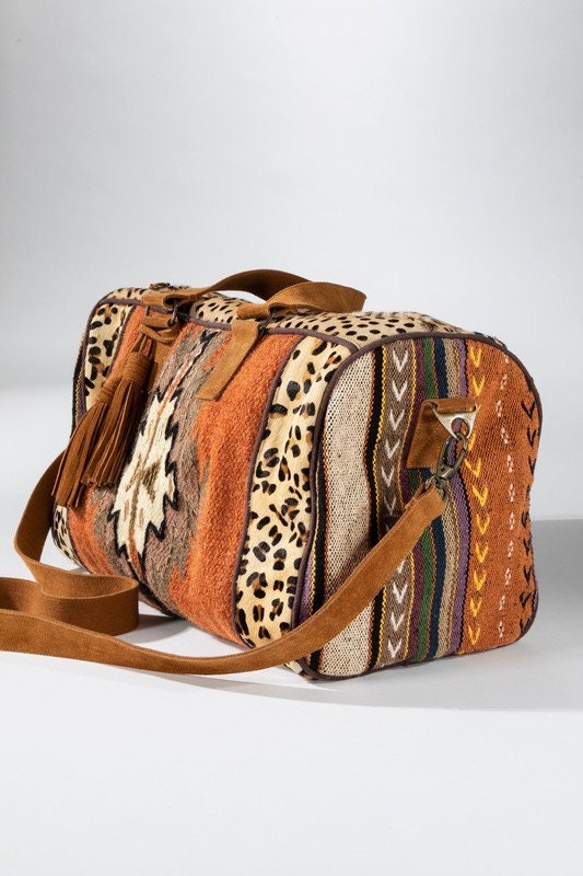 Animal Print Patchwork Pattern Travel Bag Duffel With Brown 