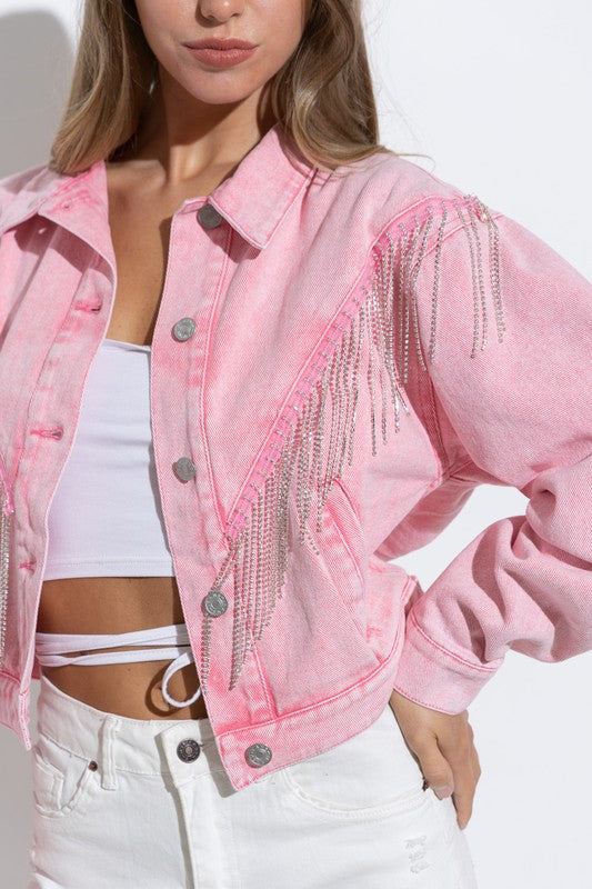 Juliana's Boutique Pink Denim Rhinestone Jacket- Pink Rhinestone Fringe Jacket- Bling Pink Jacket Small