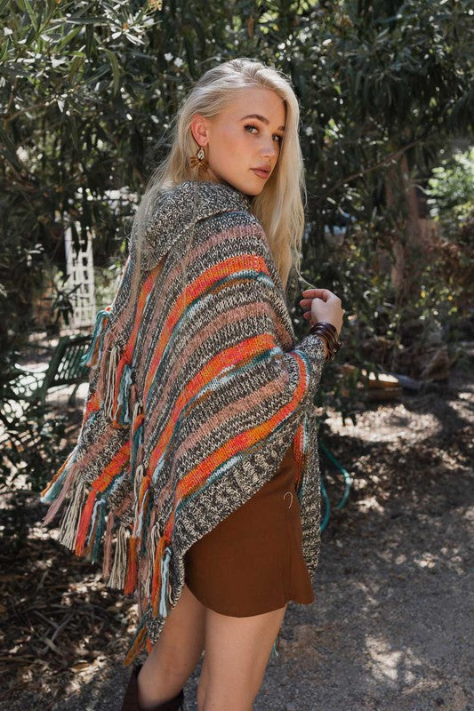 Multicolor Knit Turtle Neck Poncho - Final Sale