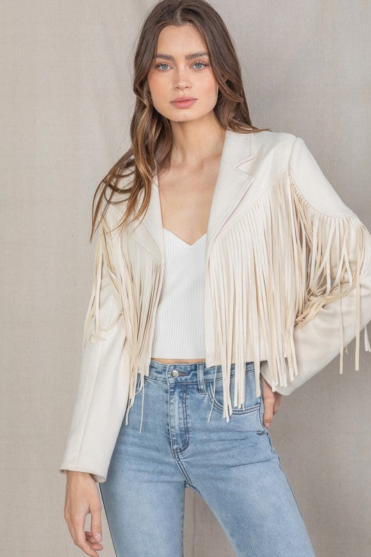 Vegan Suede Cropped Fringe Moto Jacket - Cream – Lithologie Co.