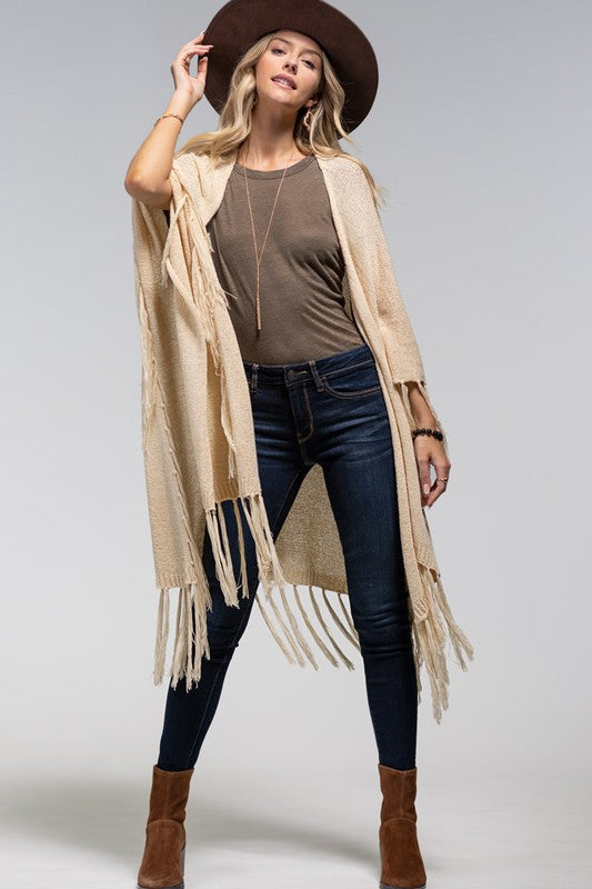 Open Front Fringe Knitted Shawl Ruana