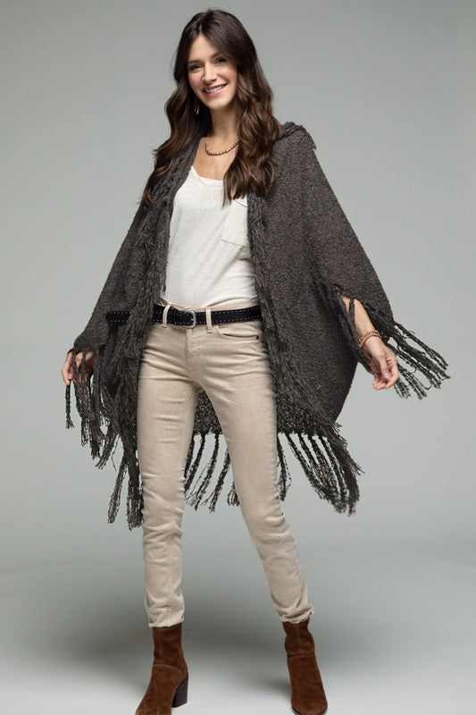 Autumn Bliss Boucle Yarn Knit Cocoon Fringe Sweater