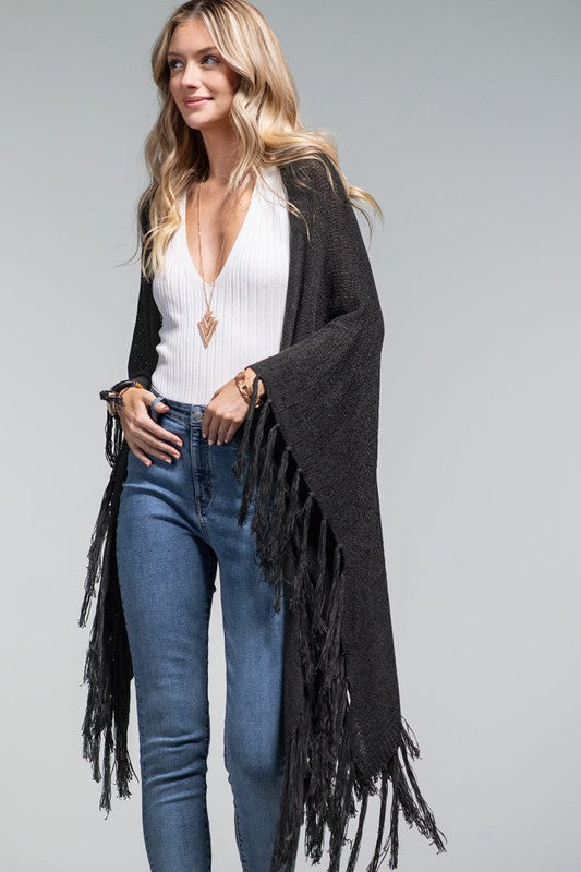 Open Front Fringe Knitted Shawl Ruana