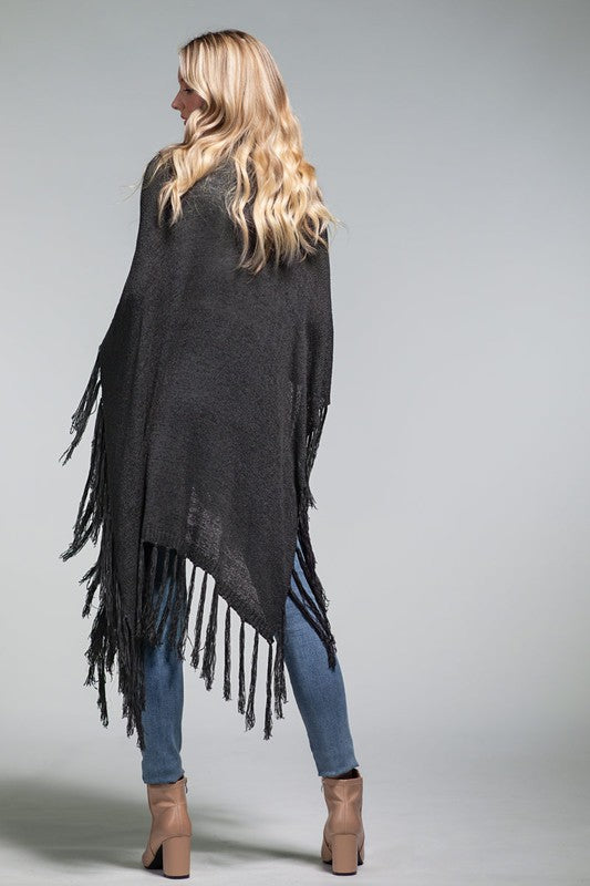 Open Front Fringe Knitted Shawl Ruana