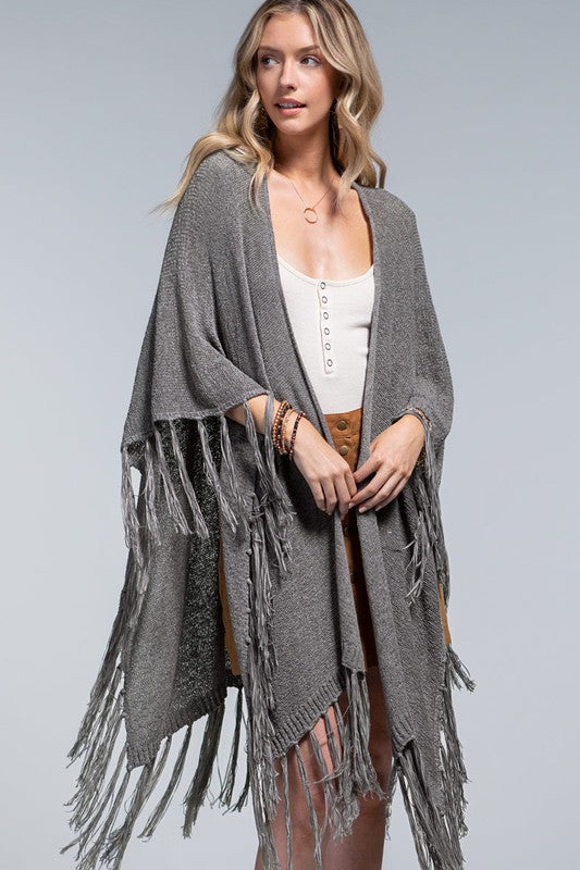 Open Front Fringe Knitted Shawl Ruana